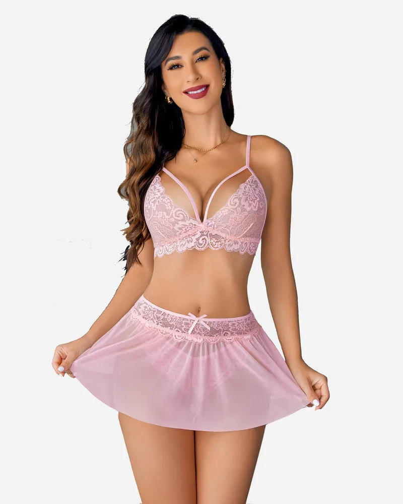 3 Piece Sets Lace Bralette. Skirt with Panty