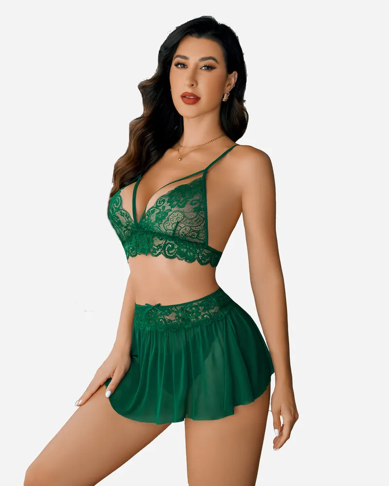 3 Piece Sets Lace Bralette. Skirt with Panty