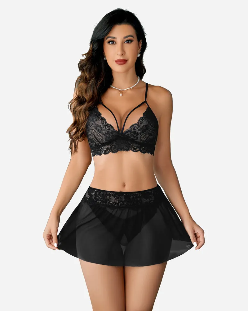 3 Piece Sets Lace Bralette. Skirt with Panty