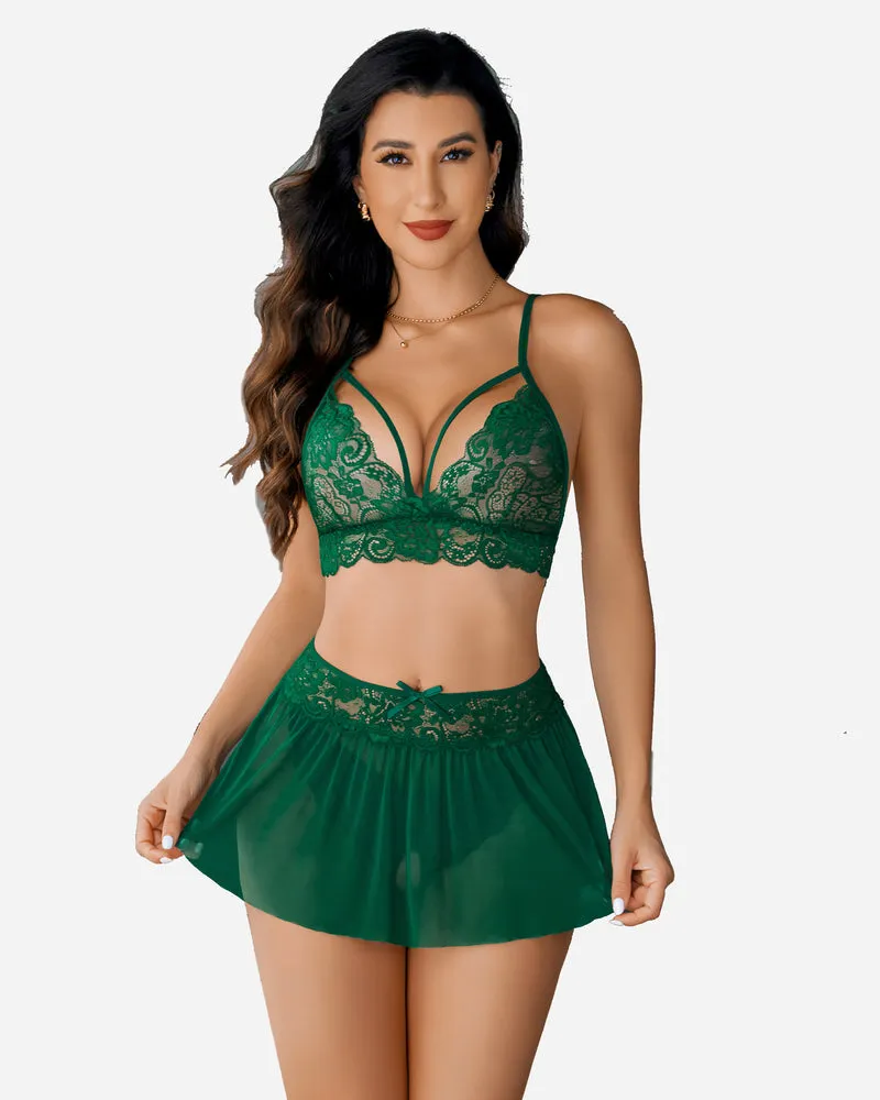 3 Piece Sets Lace Bralette. Skirt with Panty