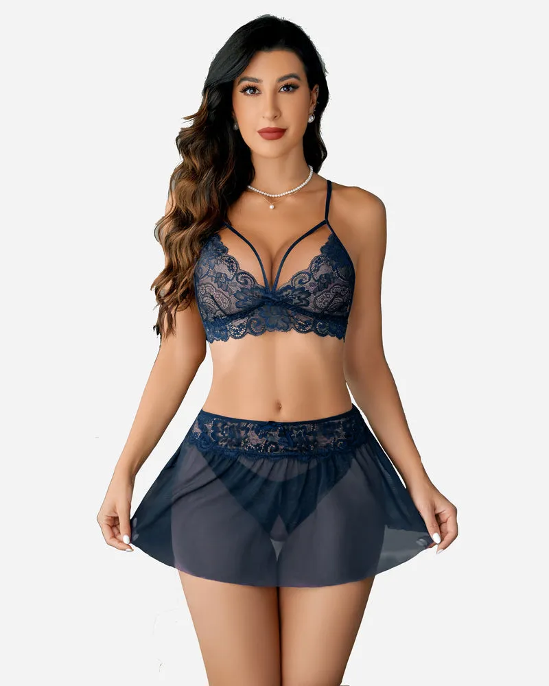 3 Piece Sets Lace Bralette. Skirt with Panty
