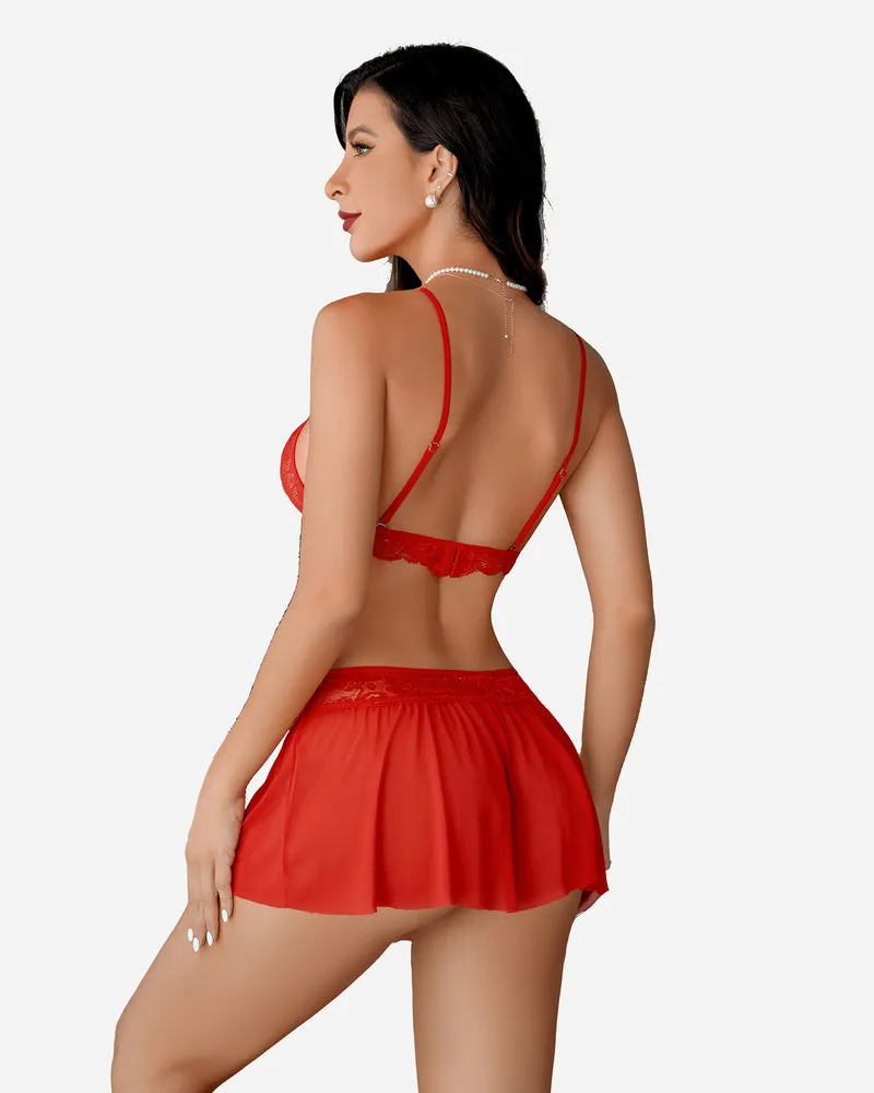 3 Piece Sets Lace Bralette. Skirt with Panty