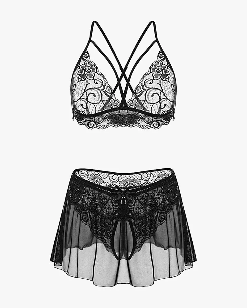 3 Piece Sets Lace Bralette. Skirt with Panty