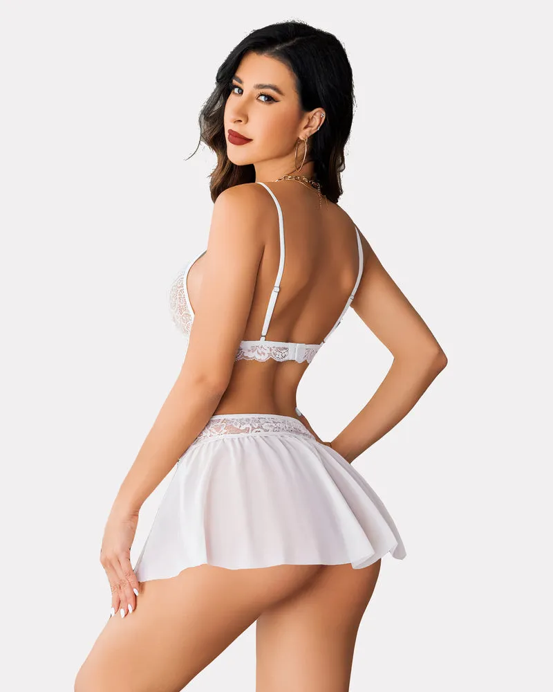 3 Piece Sets Lace Bralette. Skirt with Panty