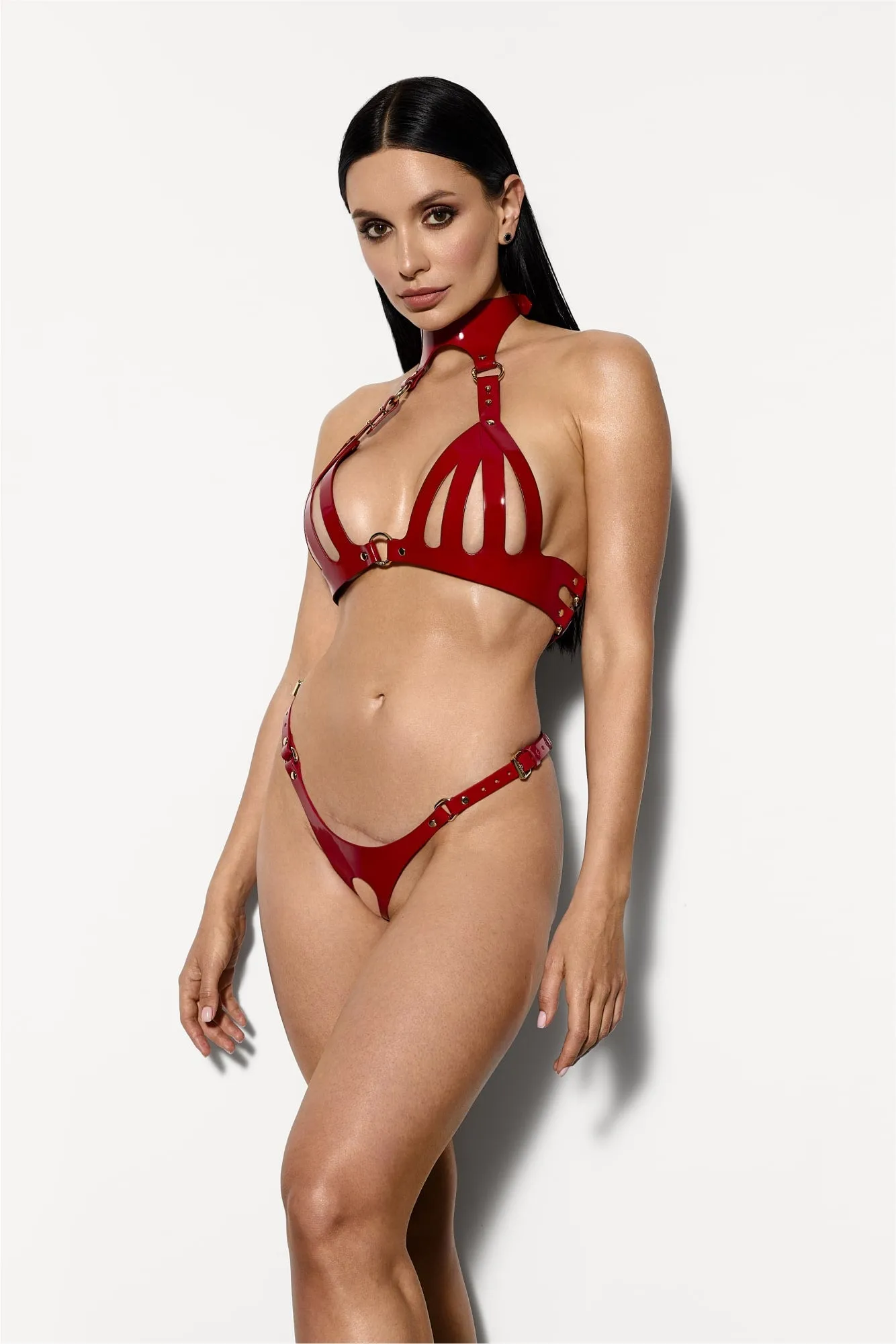 Ari Lacquer Leather Bra in Red