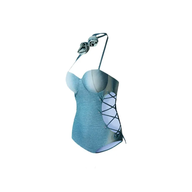Blue Padded Denim Monokini - One Piece Swimsuit By Sinderella