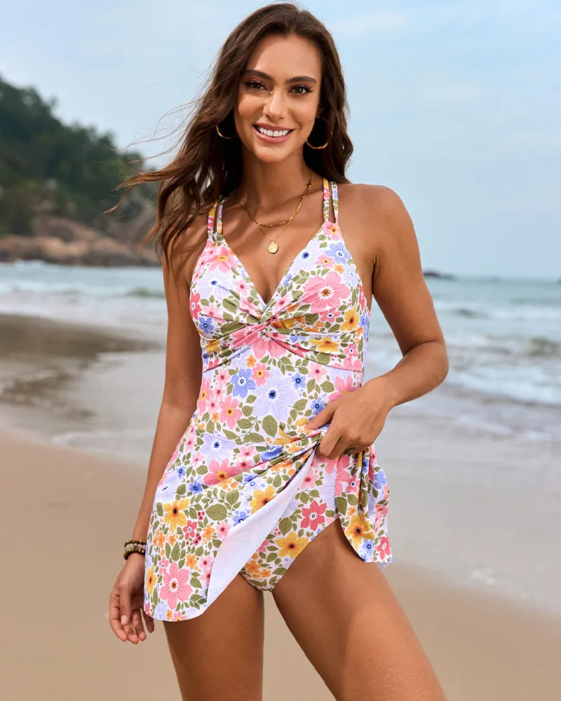 Cross straps Side Drawstring Swim Dress