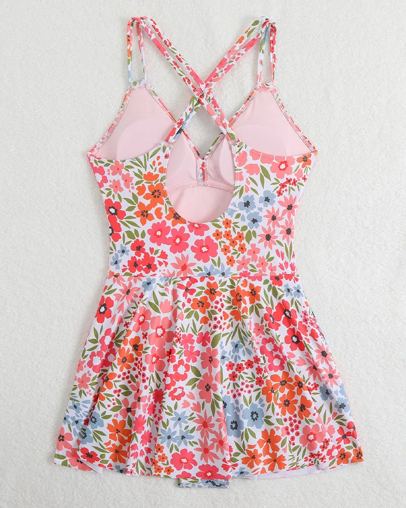 Cross straps Side Drawstring Swim Dress