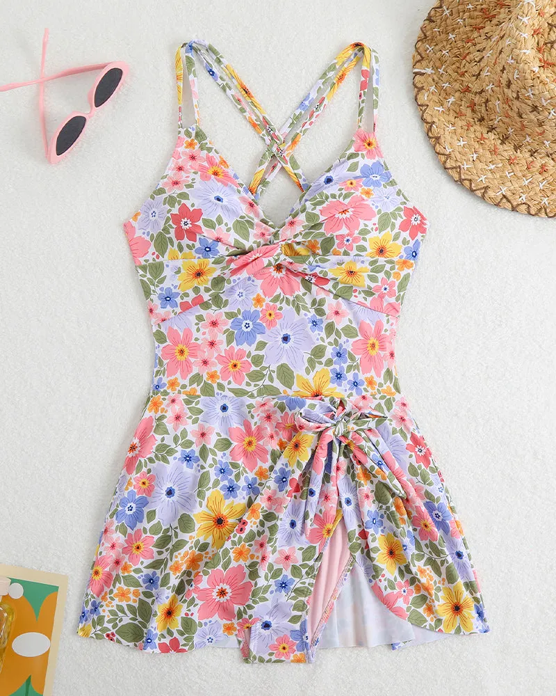 Cross straps Side Drawstring Swim Dress