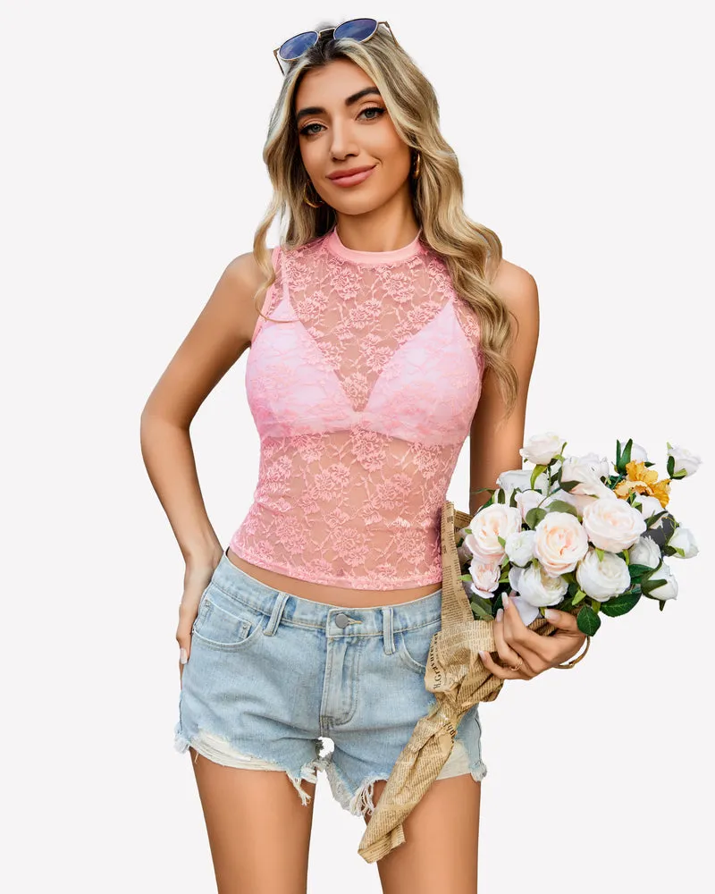 Floral Lace Tank Top Mesh Sheer Blouses