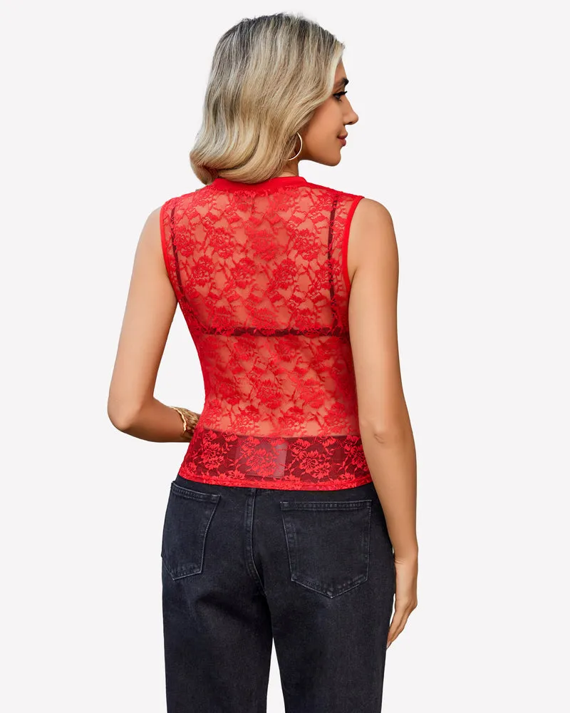 Floral Lace Tank Top Mesh Sheer Blouses