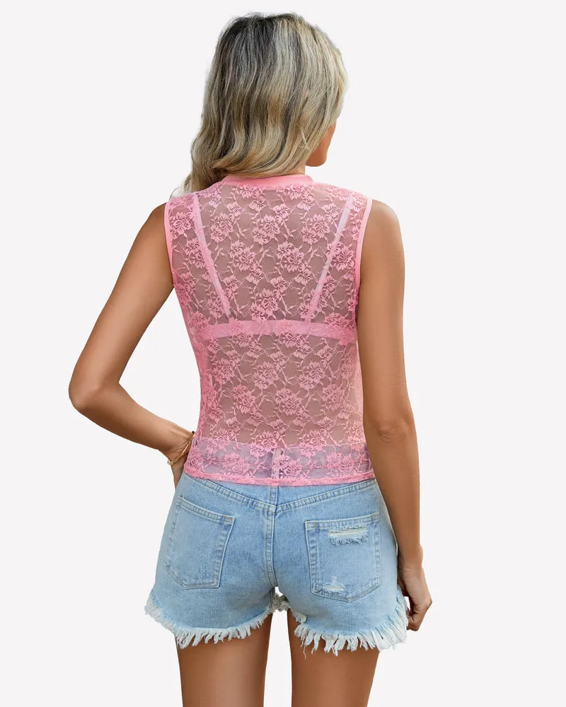 Floral Lace Tank Top Mesh Sheer Blouses