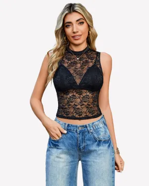 Floral Lace Tank Top Mesh Sheer Blouses