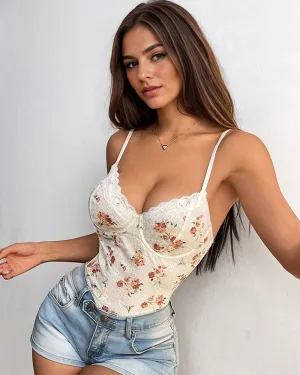 Floral Lace-up Backless Bodysuit