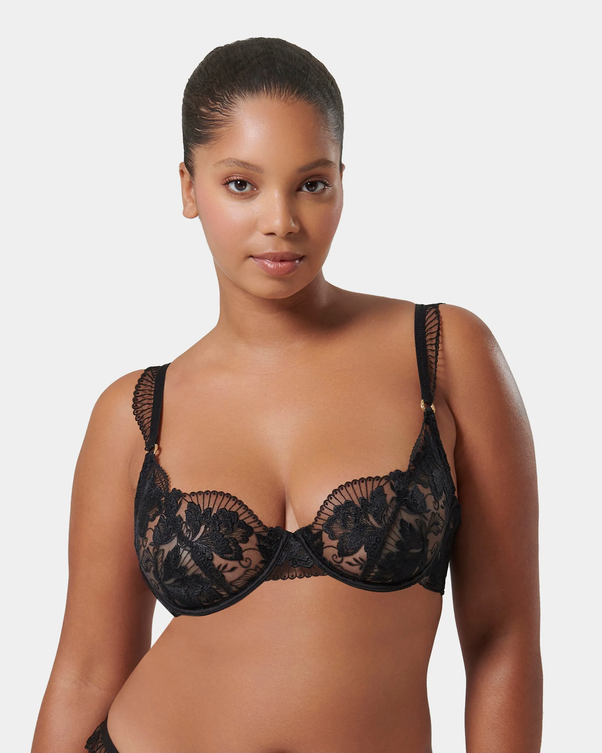 Gabriella Floral Embroidered Bra Black