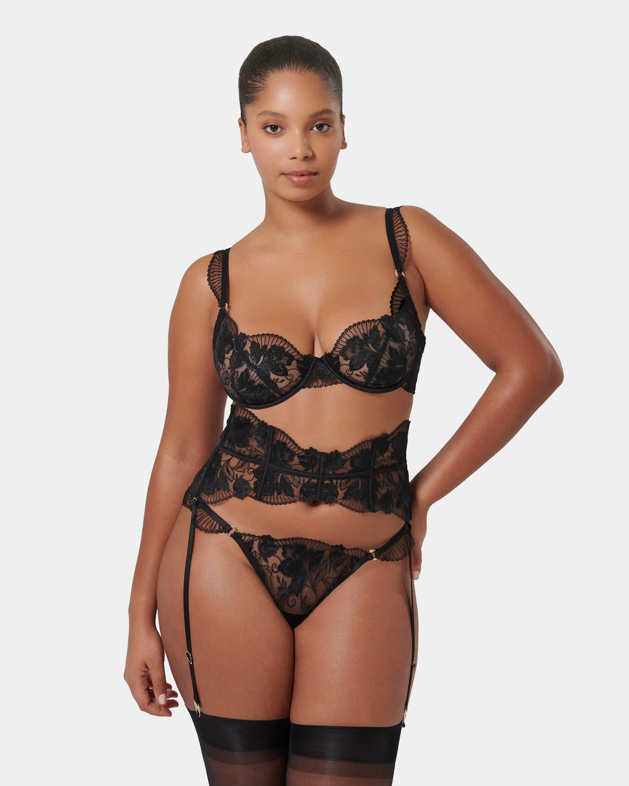 Gabriella Floral Embroidered Bra Black