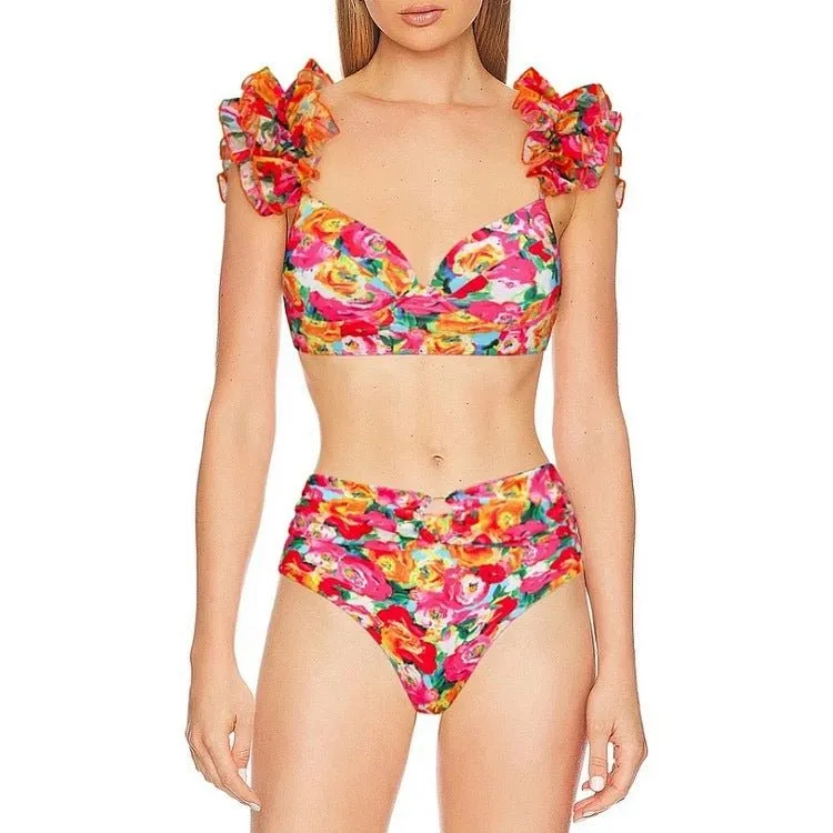 High Waist Floral Two Peice Bikini Set WIth Ruffle Skirt By SInderella