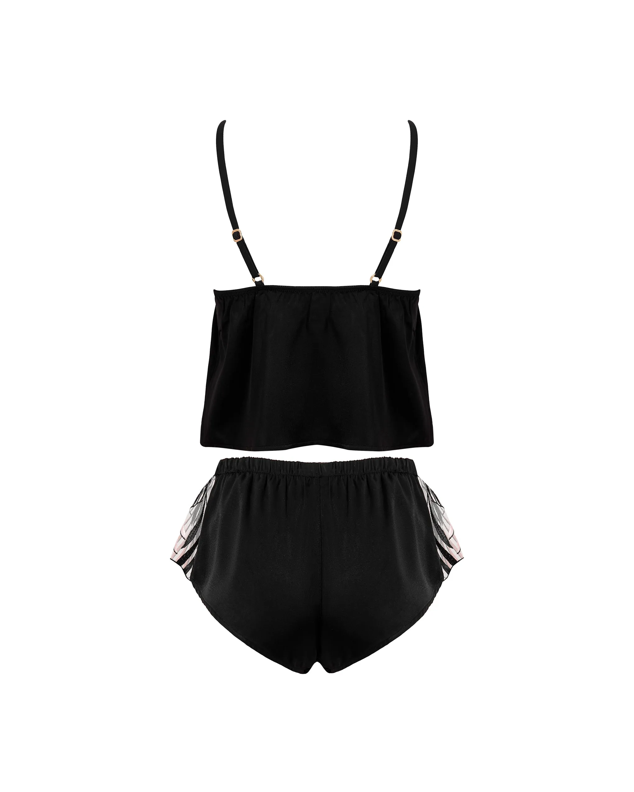 Katerine Luxury Satin Cami and Short Set Black/Pearl/Sheer