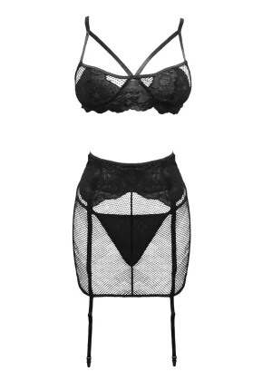 Katie (Black) Fishnet Bralette. Thong & Suspender Skirt