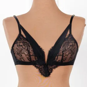 Lace & Mesh V-Wire Bralette - Black