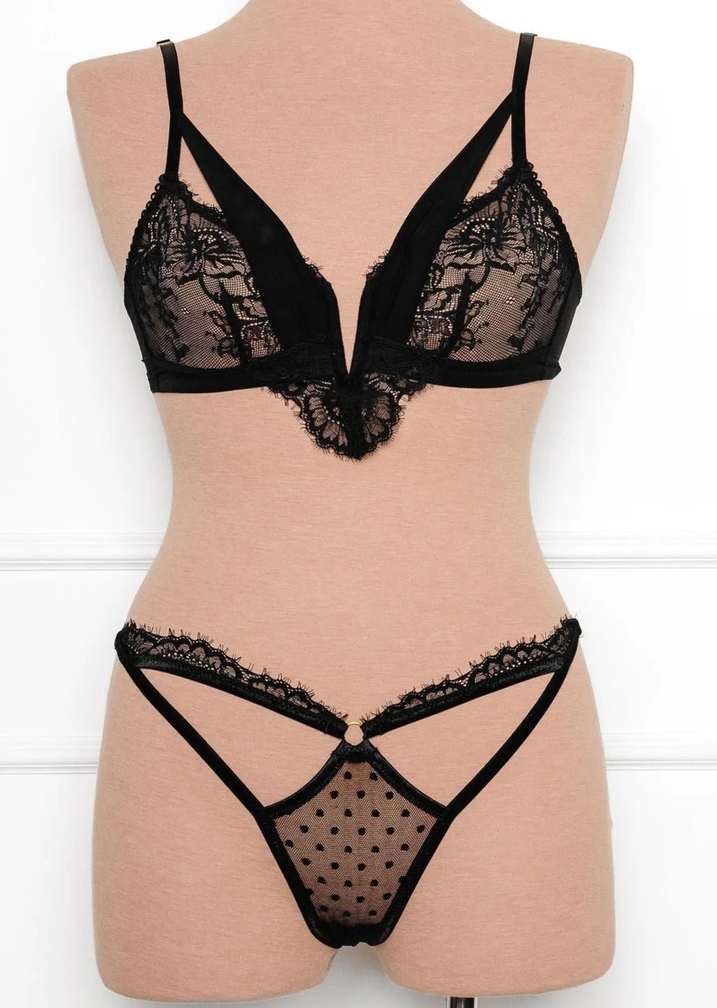 Lace & Mesh V-Wire Bralette - Black