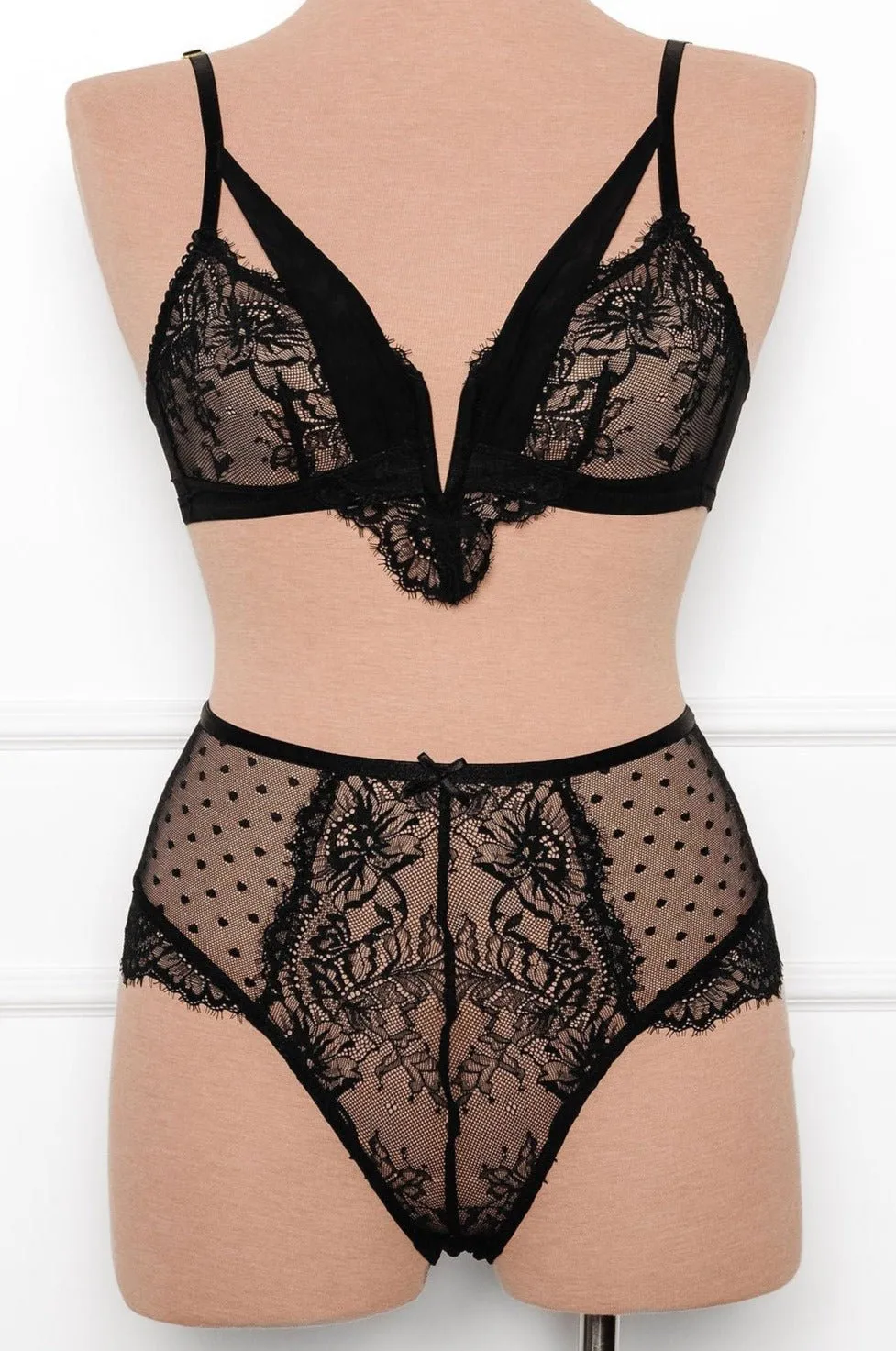 Lace & Mesh V-Wire Bralette - Black