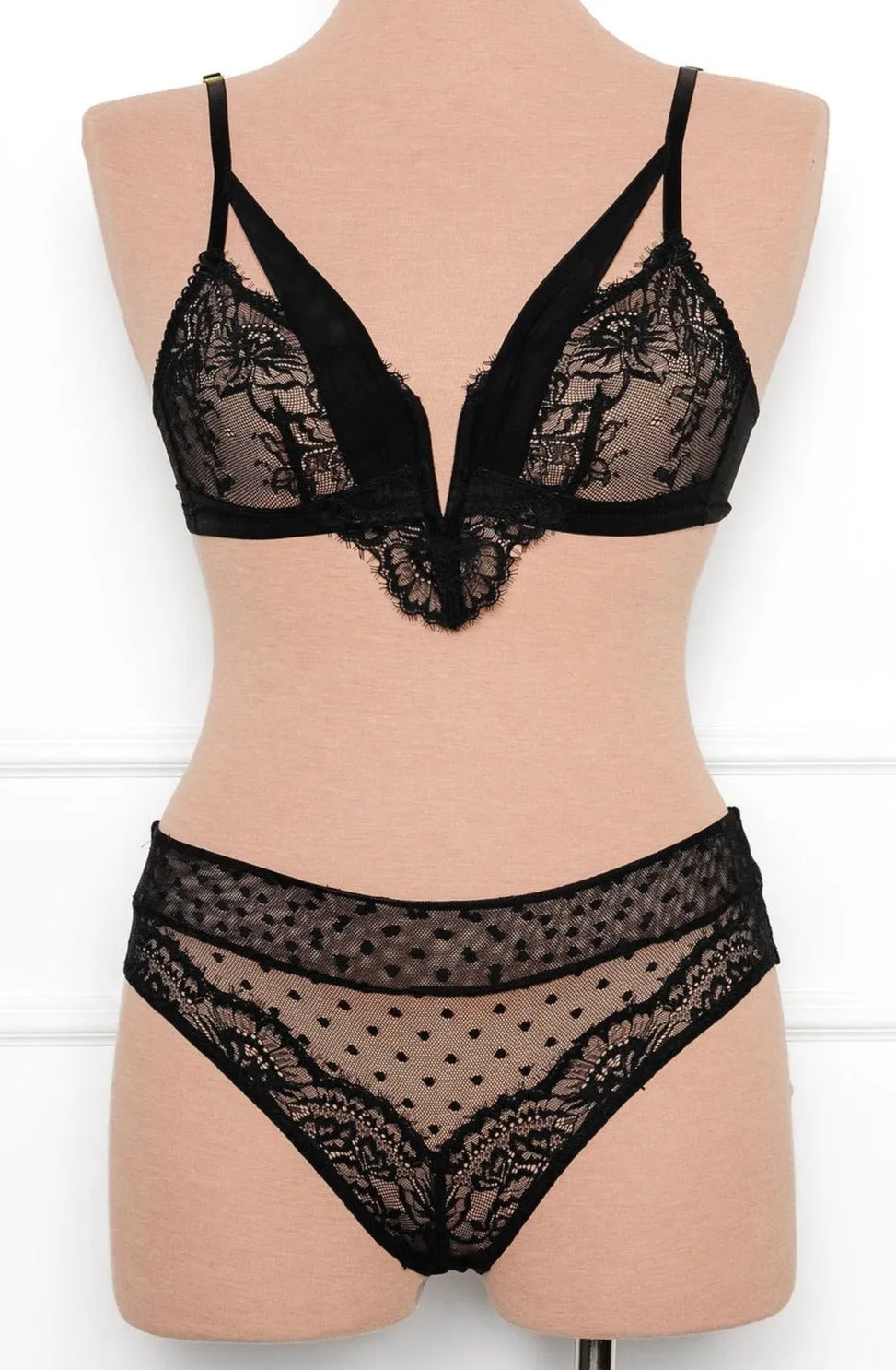 Lace & Mesh V-Wire Bralette - Black