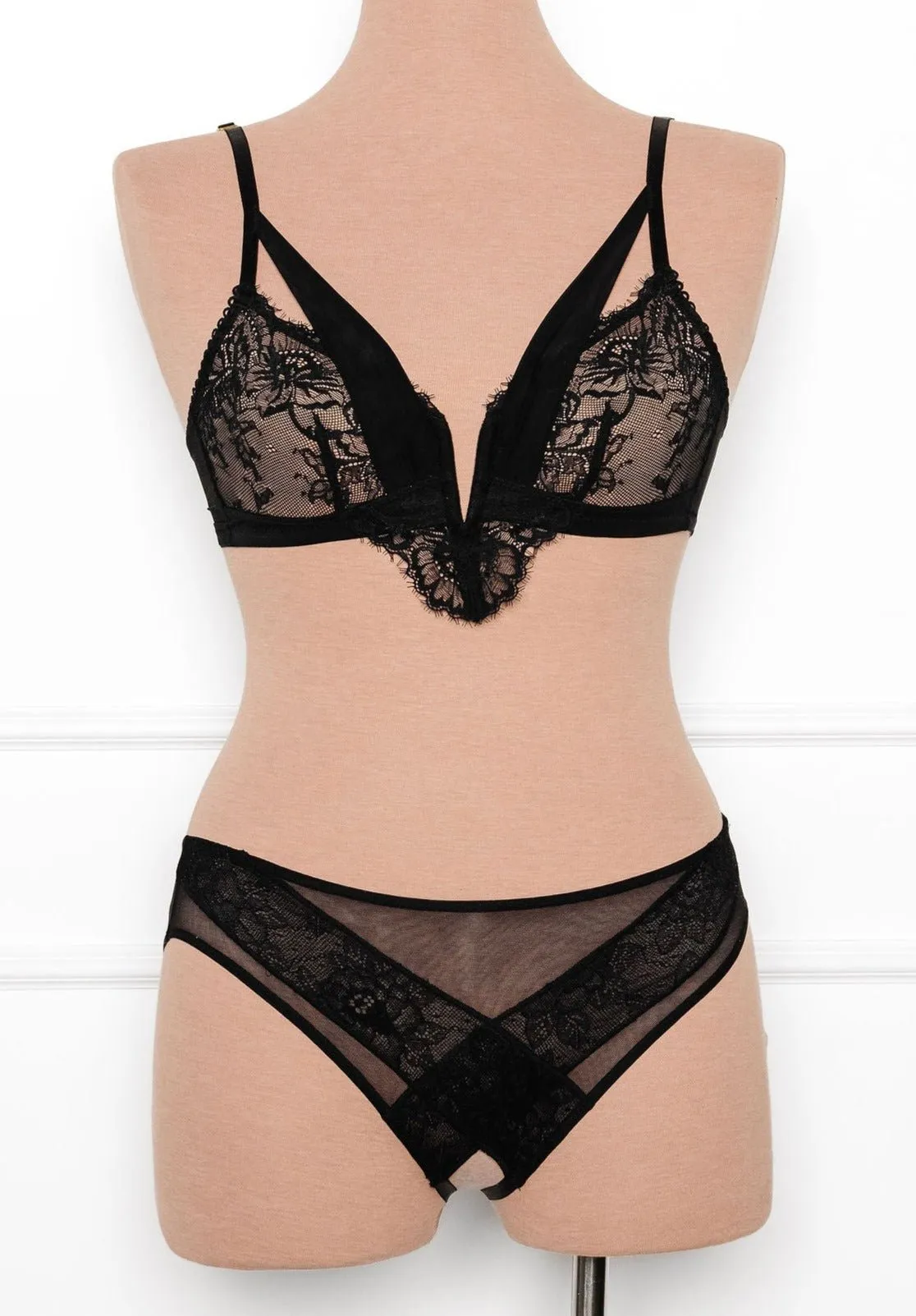 Lace & Mesh V-Wire Bralette - Black