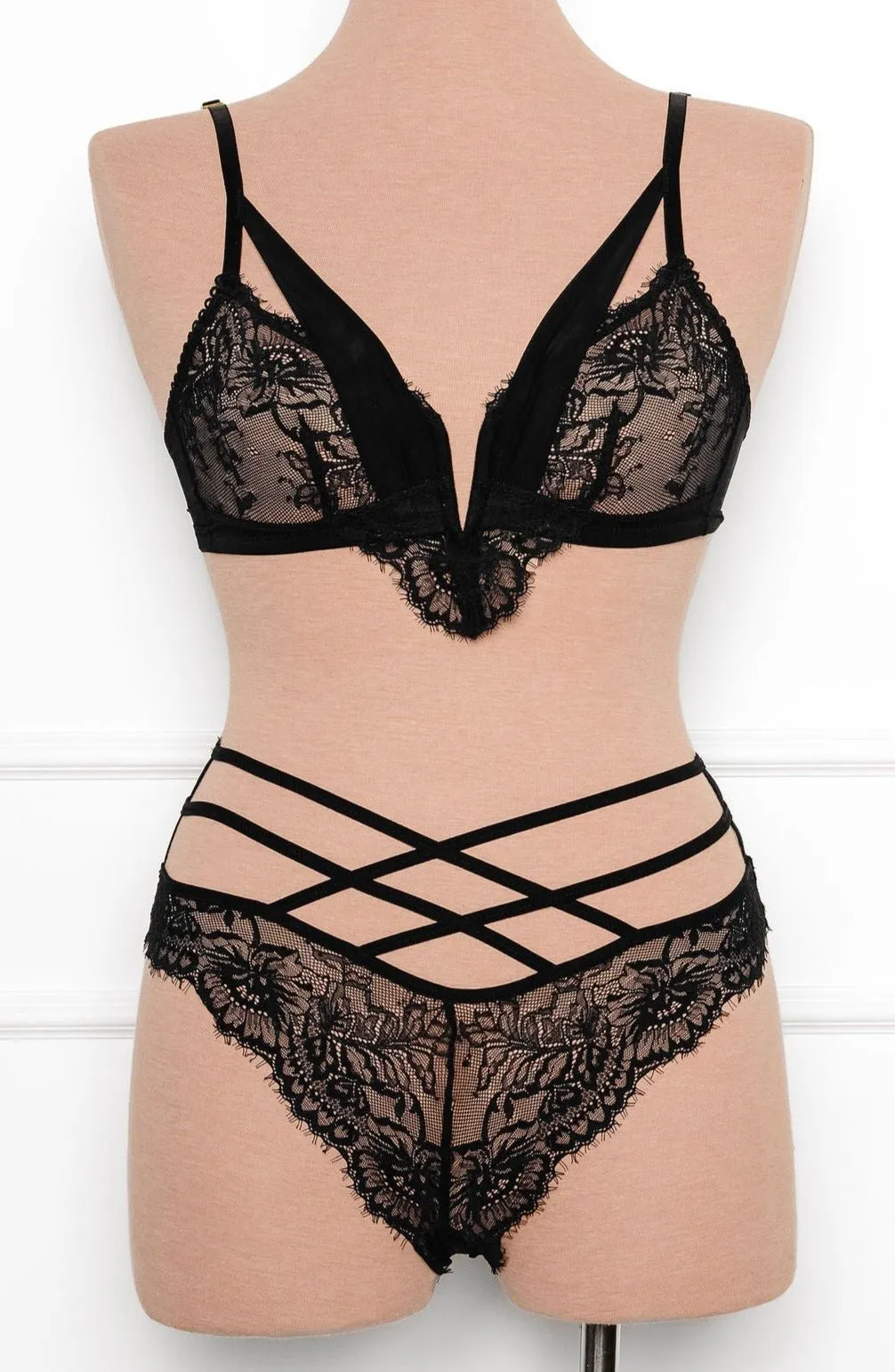 Lace & Mesh V-Wire Bralette - Black