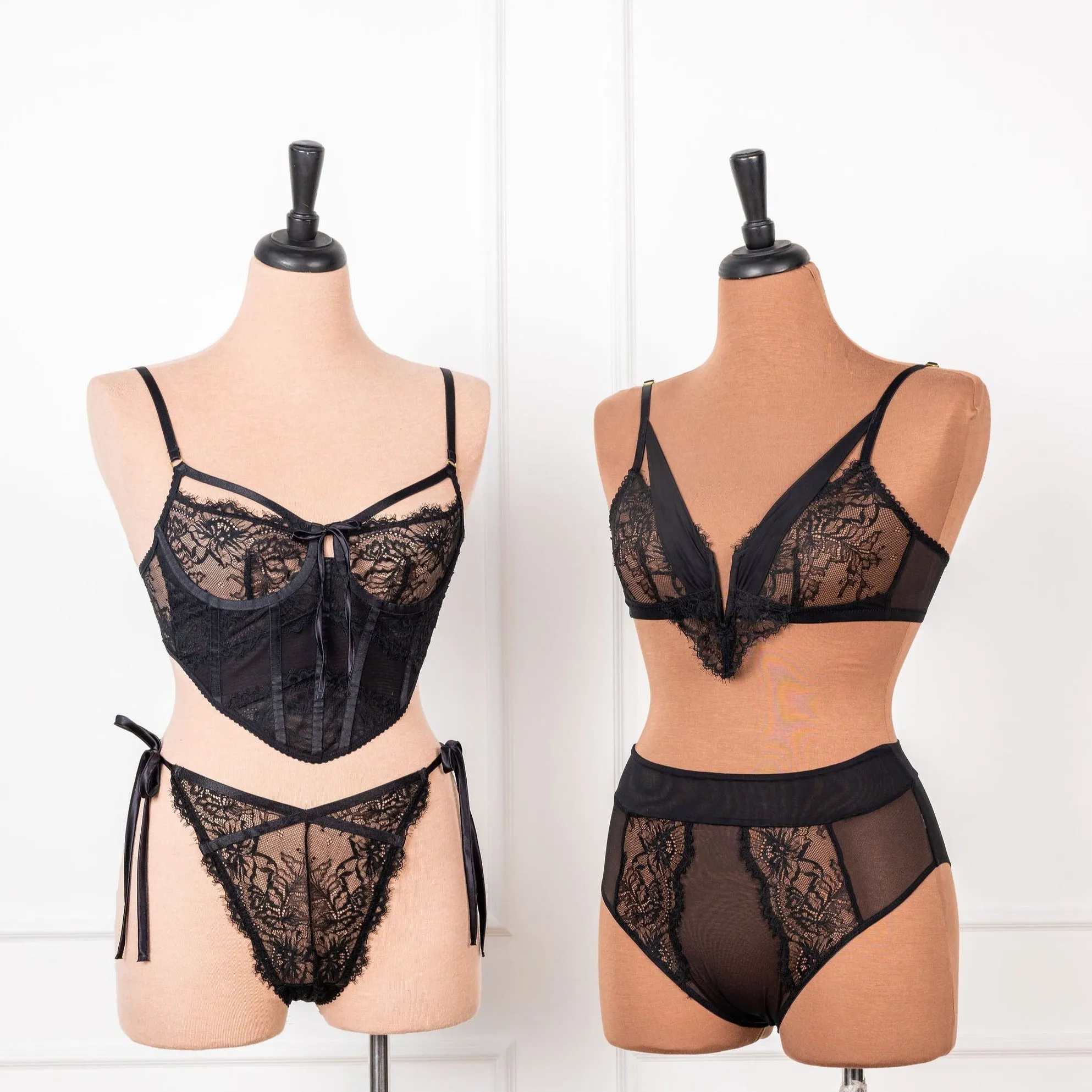 Lace & Mesh V-Wire Bralette - Black