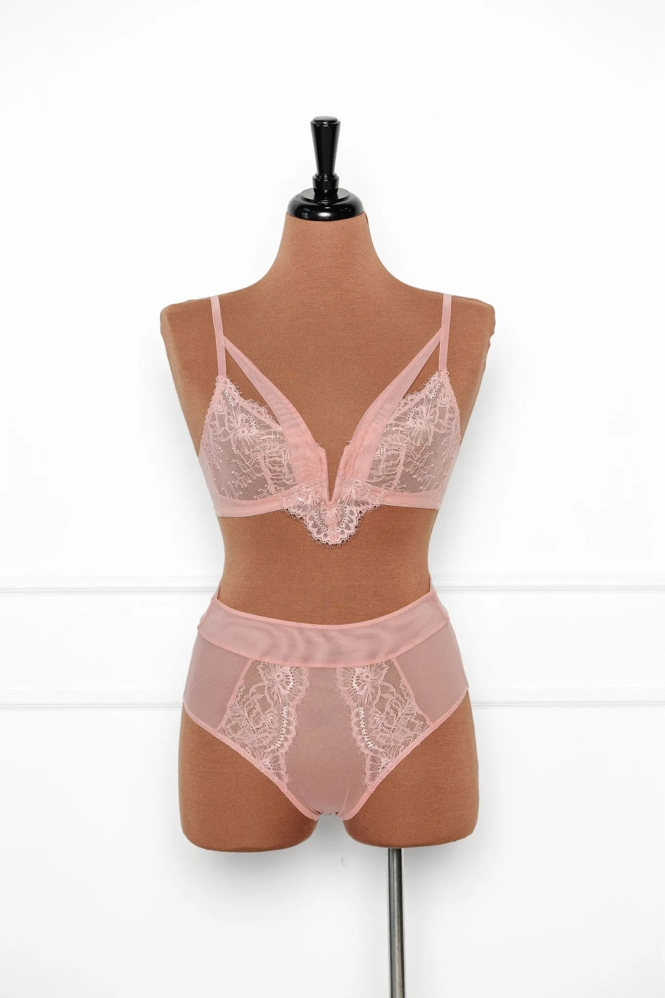 Lace & Mesh V-Wire Bralette - Blush