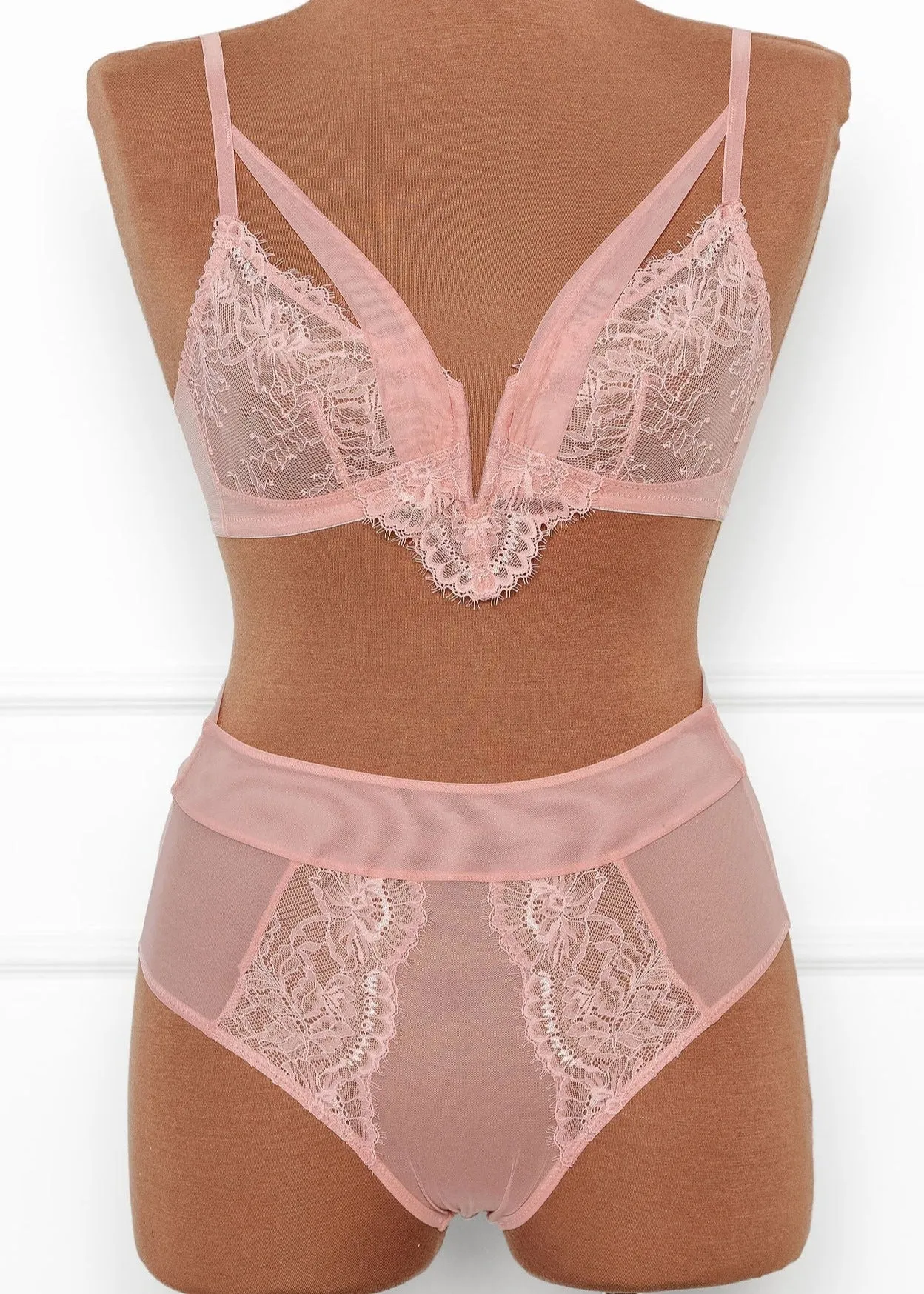 Lace & Mesh V-Wire Bralette - Blush