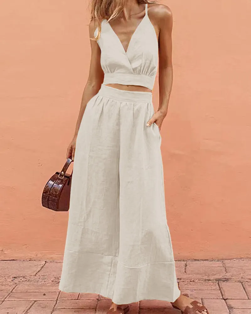 Lace-up Crop Tank Long Pants Sets