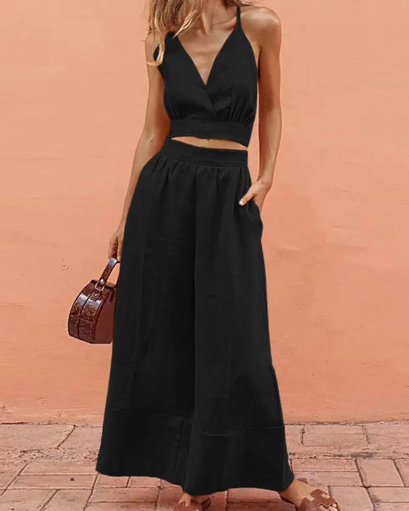 Lace-up Crop Tank Long Pants Sets