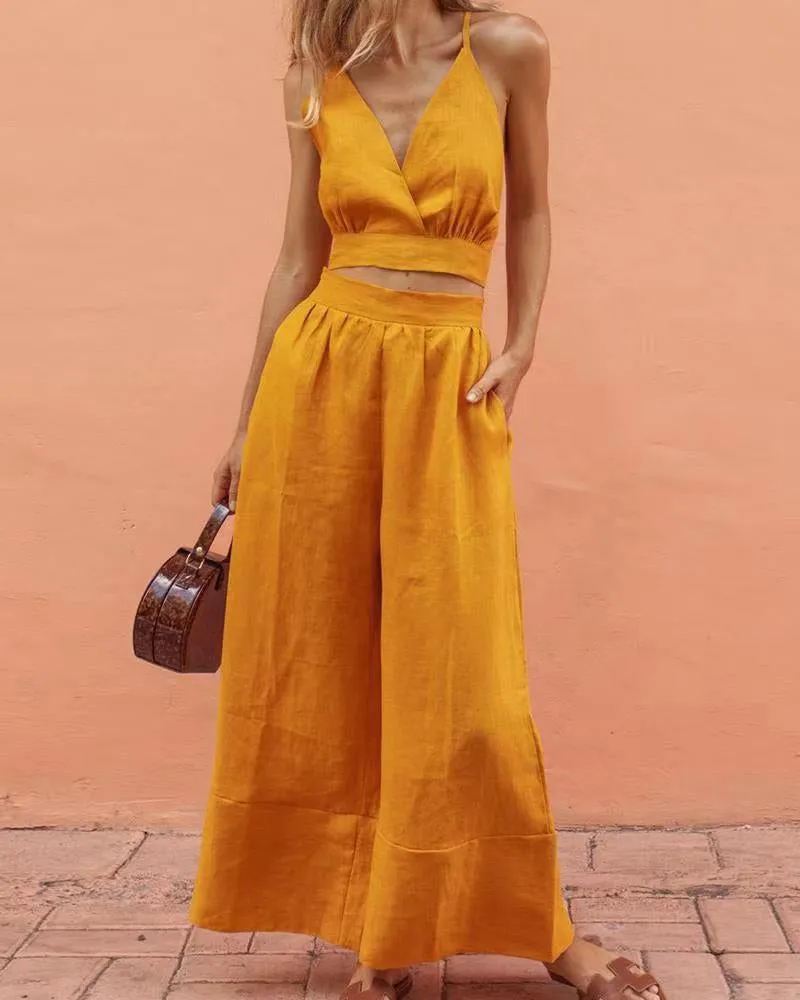 Lace-up Crop Tank Long Pants Sets