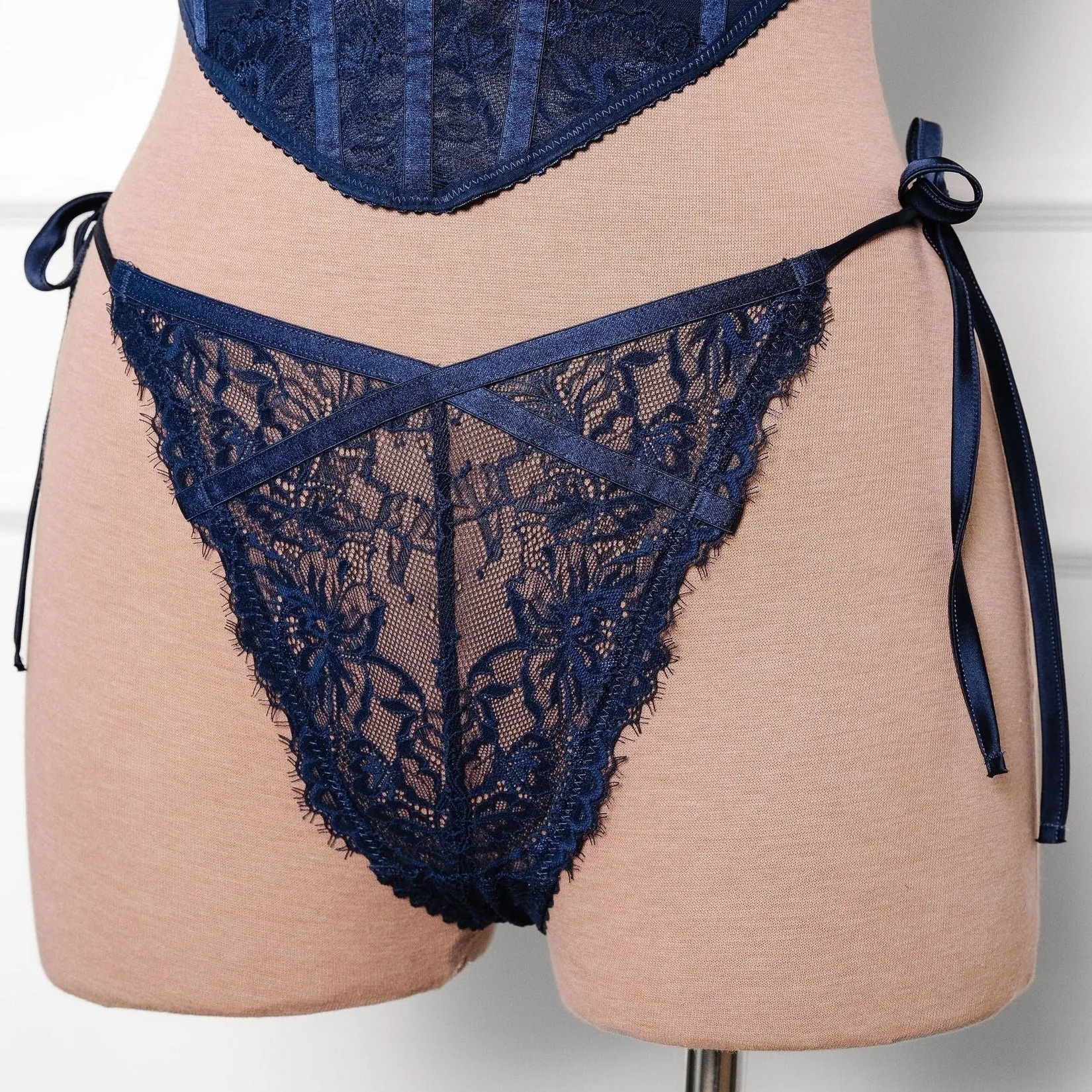 Lacy Side Tie Panty - Navy