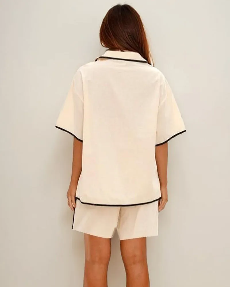 Linen Lace-up Shirt & Shorts Pajamas Sets