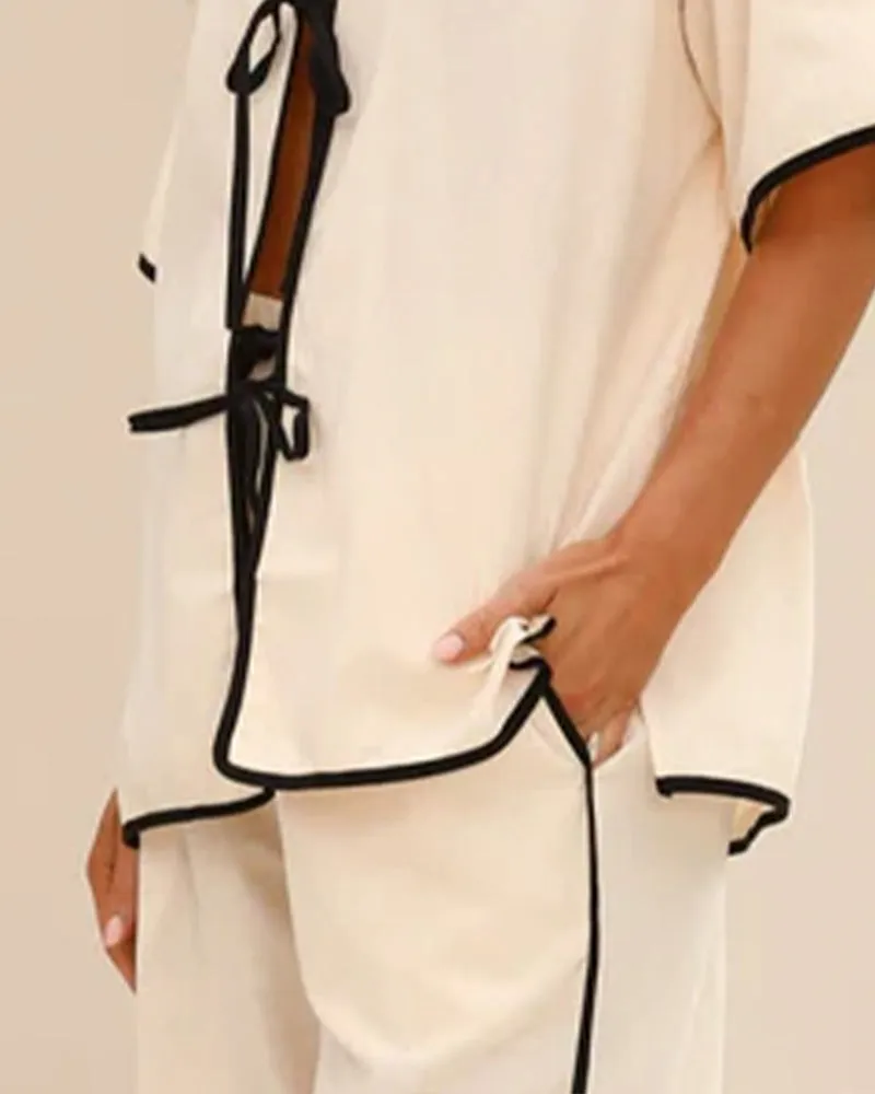 Linen Lace-up Shirt & Shorts Pajamas Sets