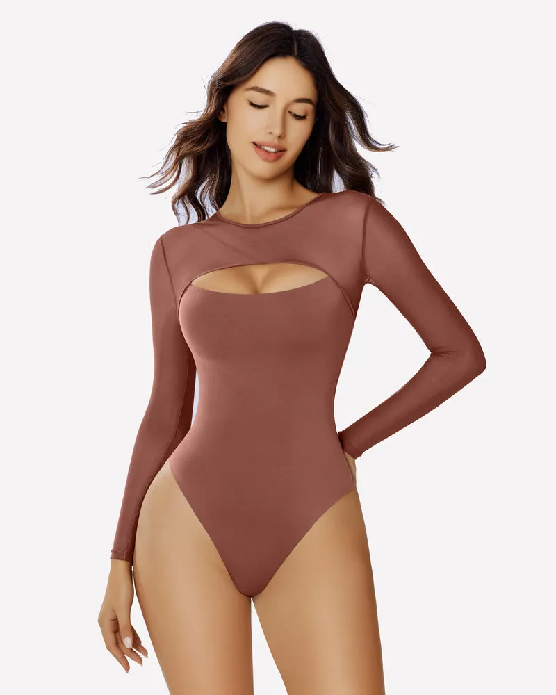 Long Sleeve Bodysuit Mesh Cutout Shirt