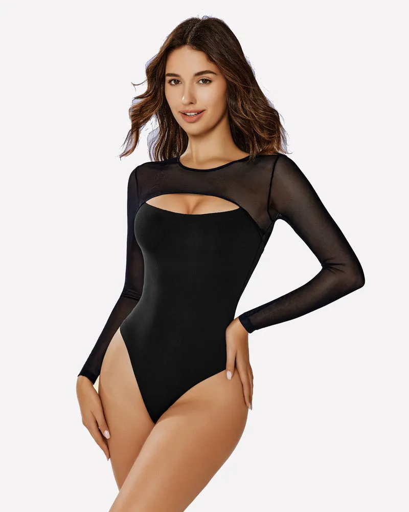 Long Sleeve Bodysuit Mesh Cutout Shirt