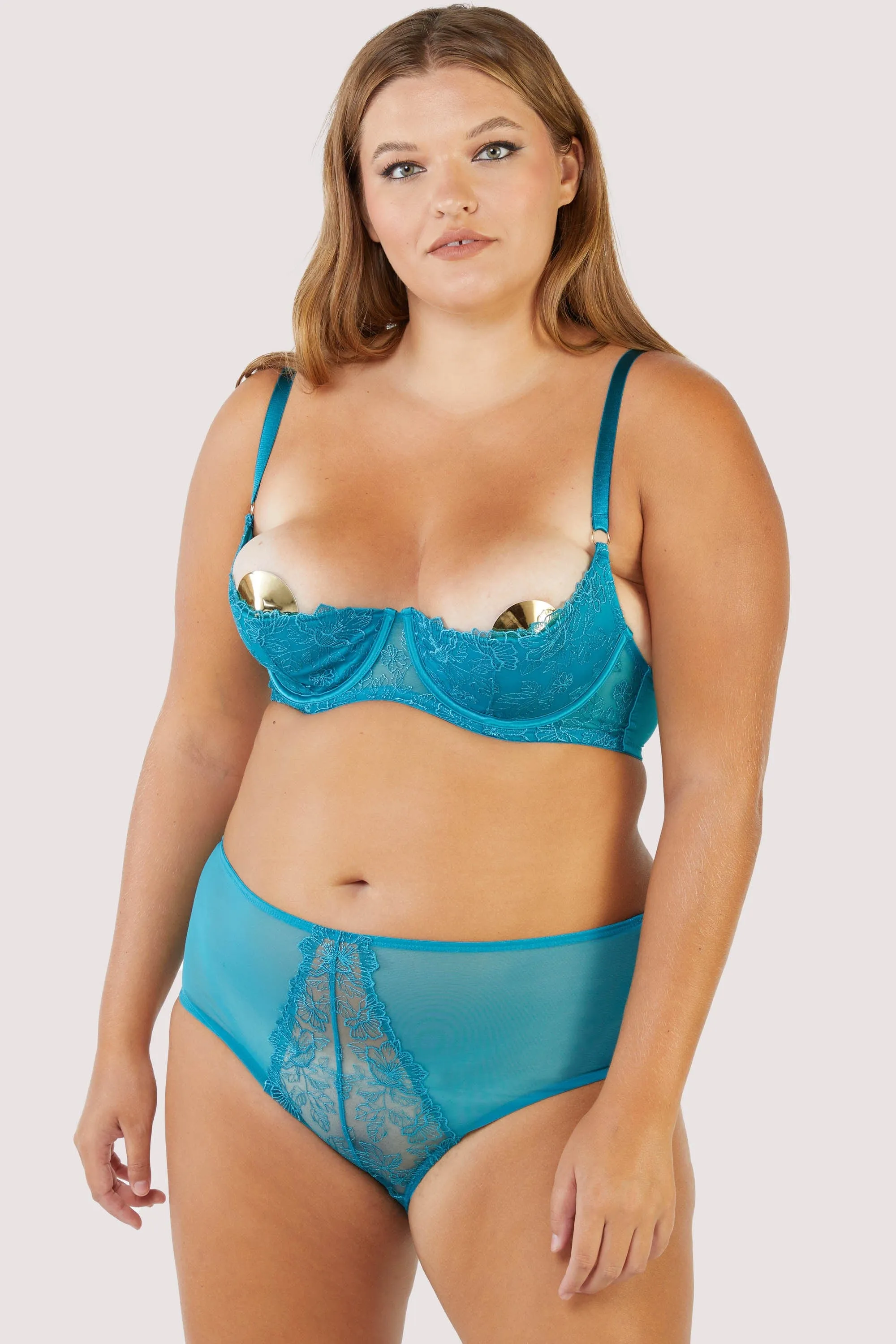 Marsha Teal Embroidery And Rings Quarter Cup Bra