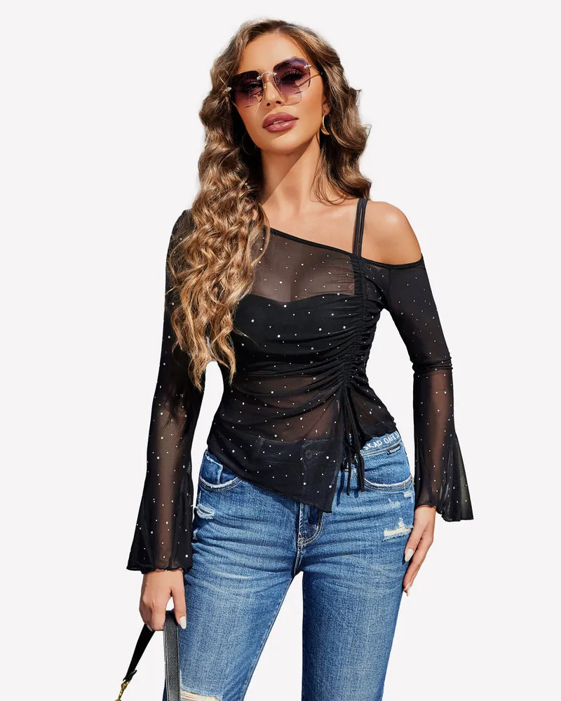 Mesh Top Long Sleeve Rhinestone Tops