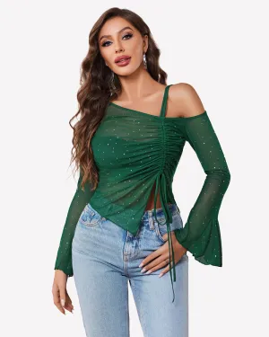 Mesh Top Long Sleeve Rhinestone Tops