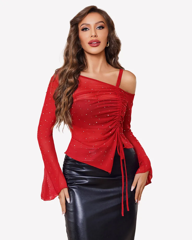 Mesh Top Long Sleeve Rhinestone Tops