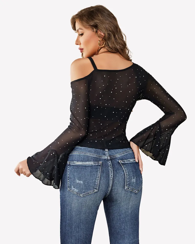 Mesh Top Long Sleeve Rhinestone Tops