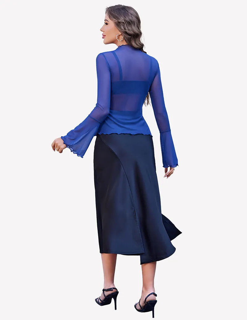 Mesh Tops Long Bell Sleeve Blouses