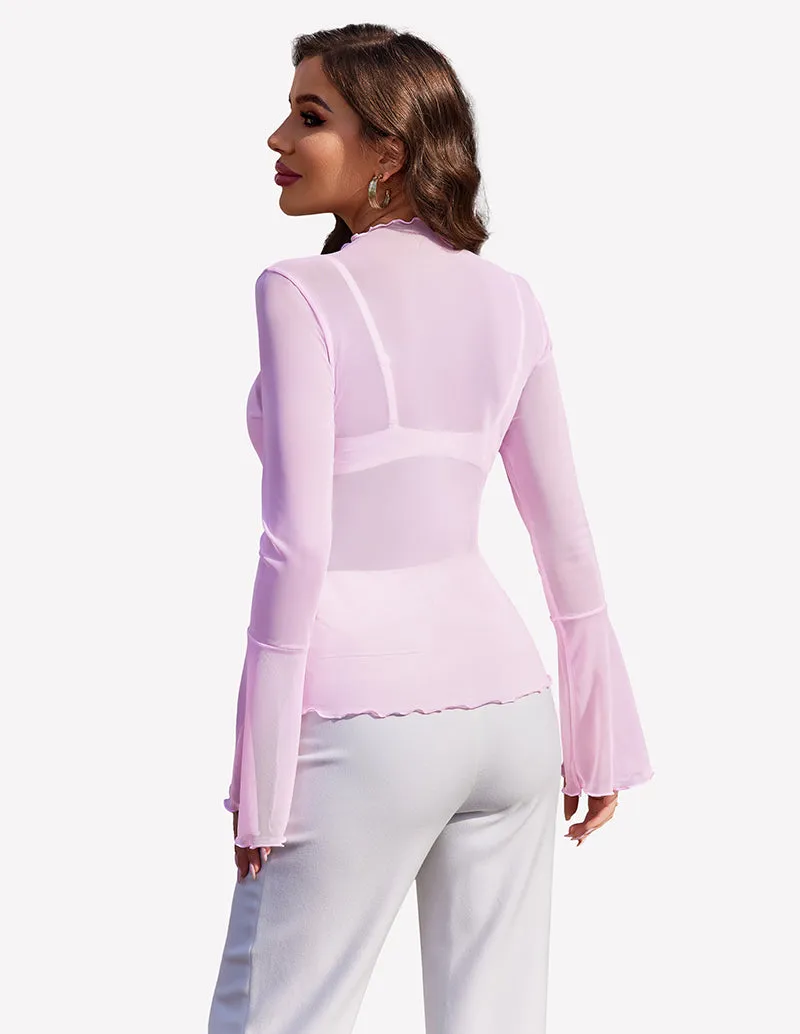 Mesh Tops Long Bell Sleeve Blouses