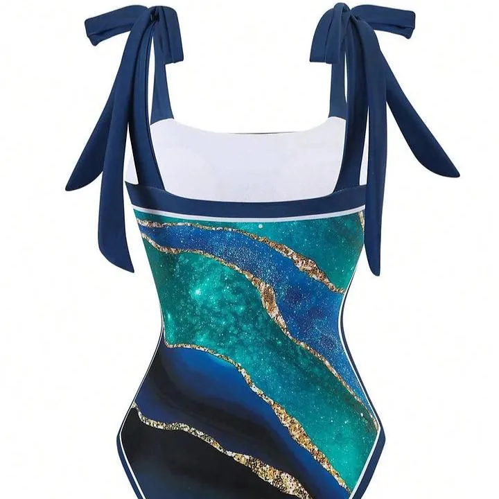 Monokini Galaxy Print Tie Up Swimsuit With Wrap Around Tie Up Sarong Skirt By Sinderella