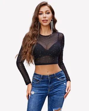 Rhinestone Mesh See Through Crop Top