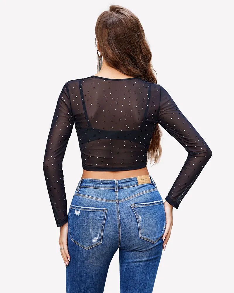 Rhinestone Mesh See Through Crop Top